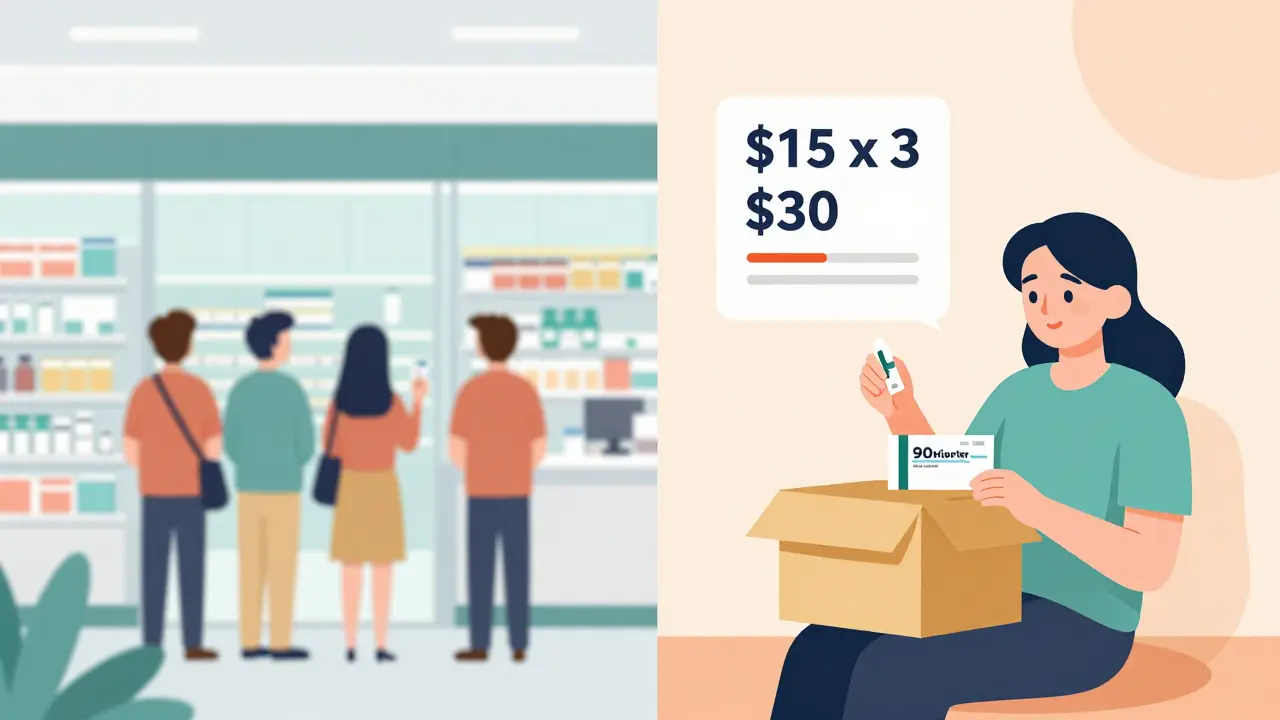 Split illustration comparing long pharmacy wait to convenient home delivery of 90-day meds.