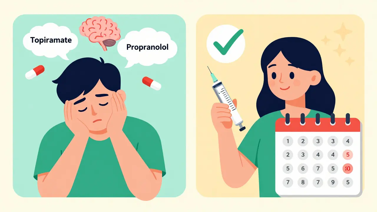 Split illustration: old migraine pills causing brain fog vs. new CGRP inhibitor bringing relief.