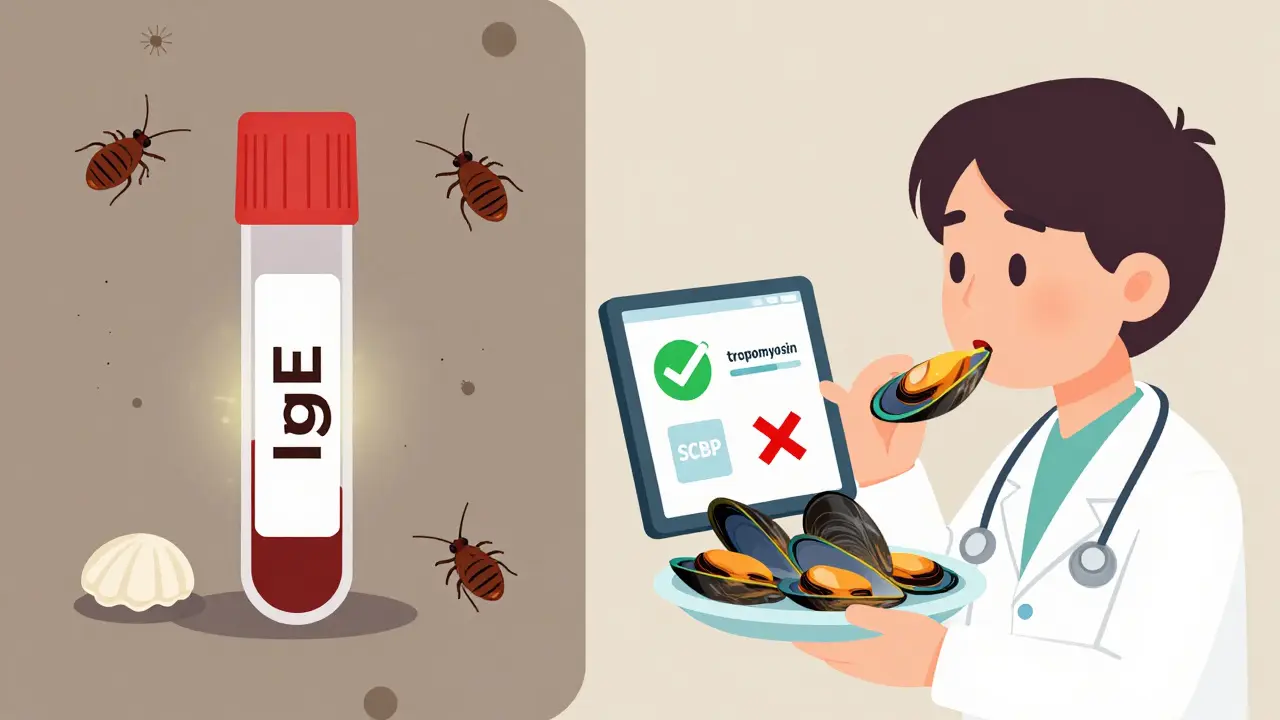 Split illustration showing blood test with dust mites on one side and safe mussel eating with protein diagnostics on the other.