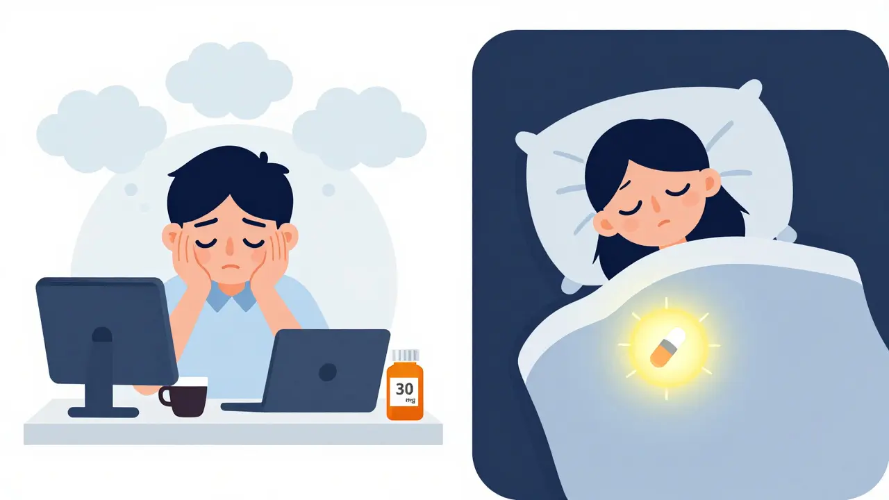 Split image: one side shows daytime exhaustion from high-dose mirtazapine, the other shows restful sleep at low dose.