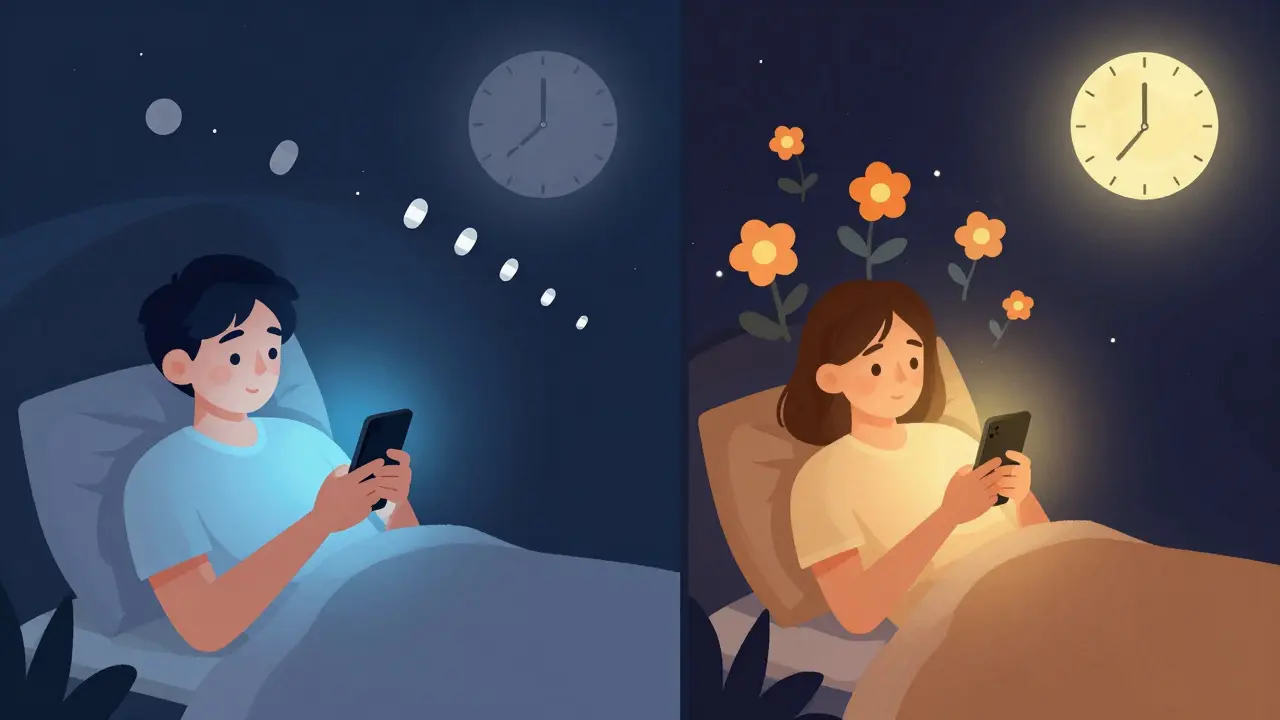 Split image: person scrolling bright phone at night vs. using night mode with melatonin rising and warm tones.