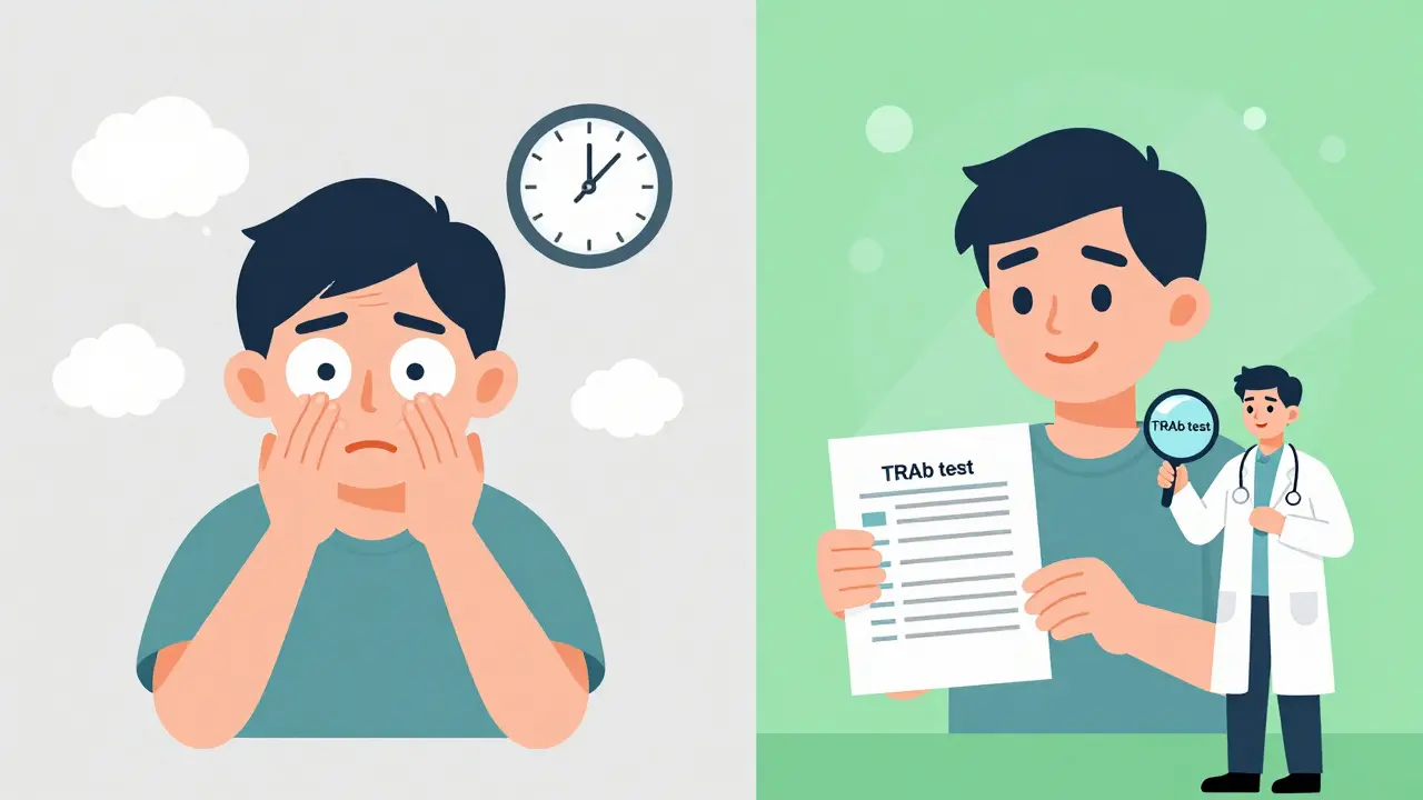 Split image showing a patient's journey from undiagnosed Graves' symptoms to successful treatment.