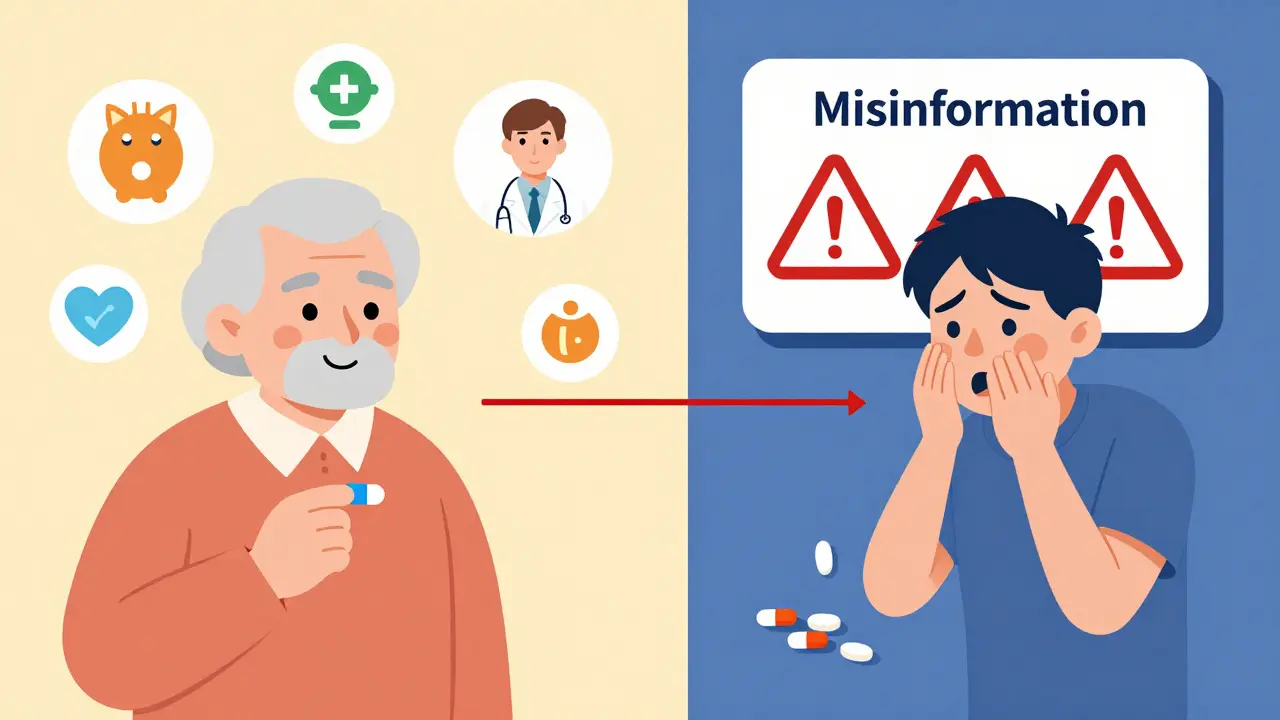 Split scene: calm patient using generic drug vs panicked patient misled by false ad, showing truth vs deception.