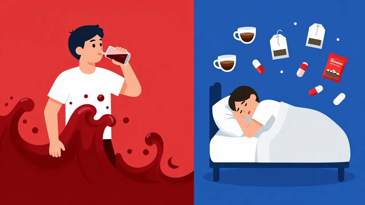 Split scene: someone drinking an energy drink at 3 p.m. versus tossing and turning in bed at midnight.