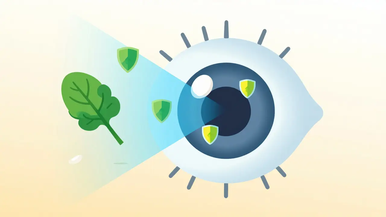 Transparent eye with protective lutein and zeaxanthin molecules blocking blue light, surrounded by spinach and egg.