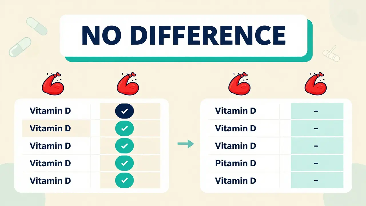 Two equal groups in trial with identical muscle pain icons and 'NO DIFFERENCE' banner