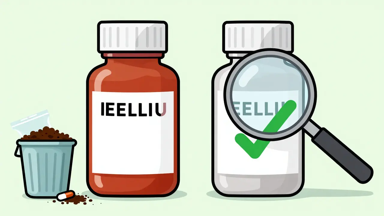 Two medicine bottles side by side: one recalled with red label, one safe with green checkmark