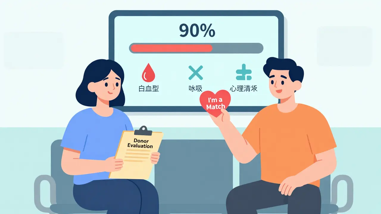 Two people in hospital waiting room with donor evaluation progress shown on digital screen