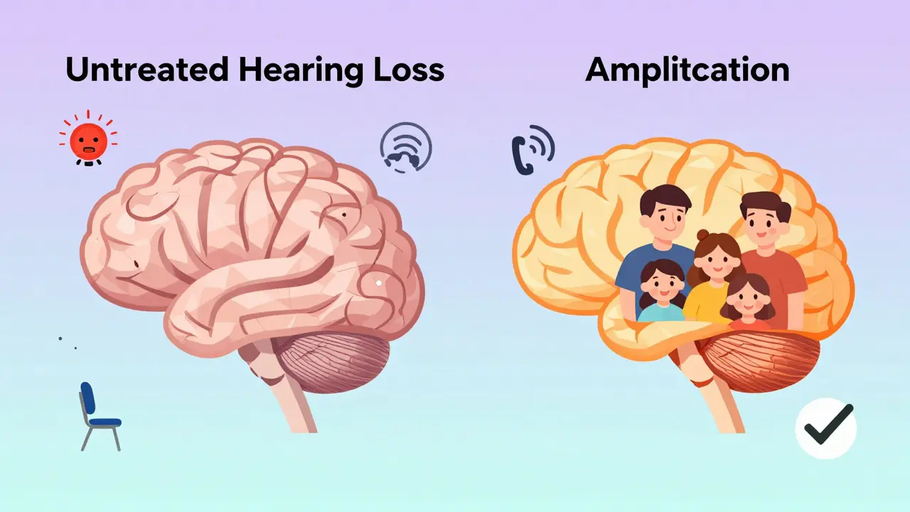 A brain diagram showing the contrast between untreated hearing loss and improved connection with amplification.