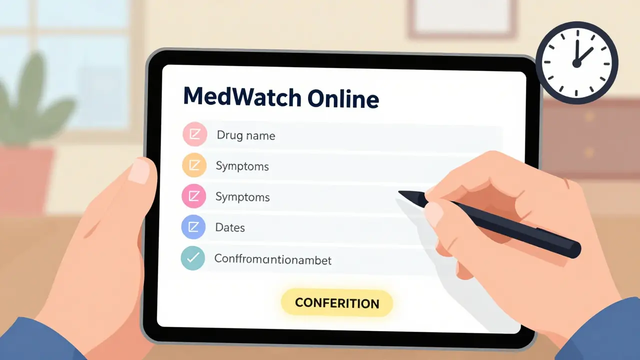 A hand filling out the MedWatch online form on a tablet with key fields highlighted and a confirmation number displayed.