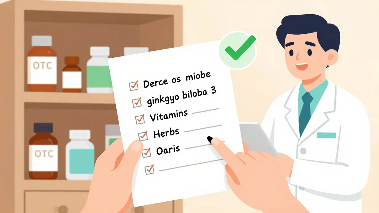 A person holding a written medication list while a pharmacist reviews it beside a medicine cabinet.