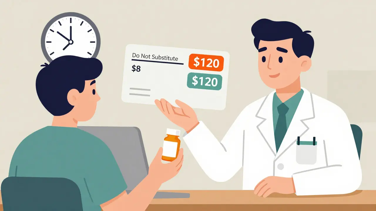 A pharmacist gives a generic pill bottle while a prescription says 'Do Not Substitute', with price tags floating between them.