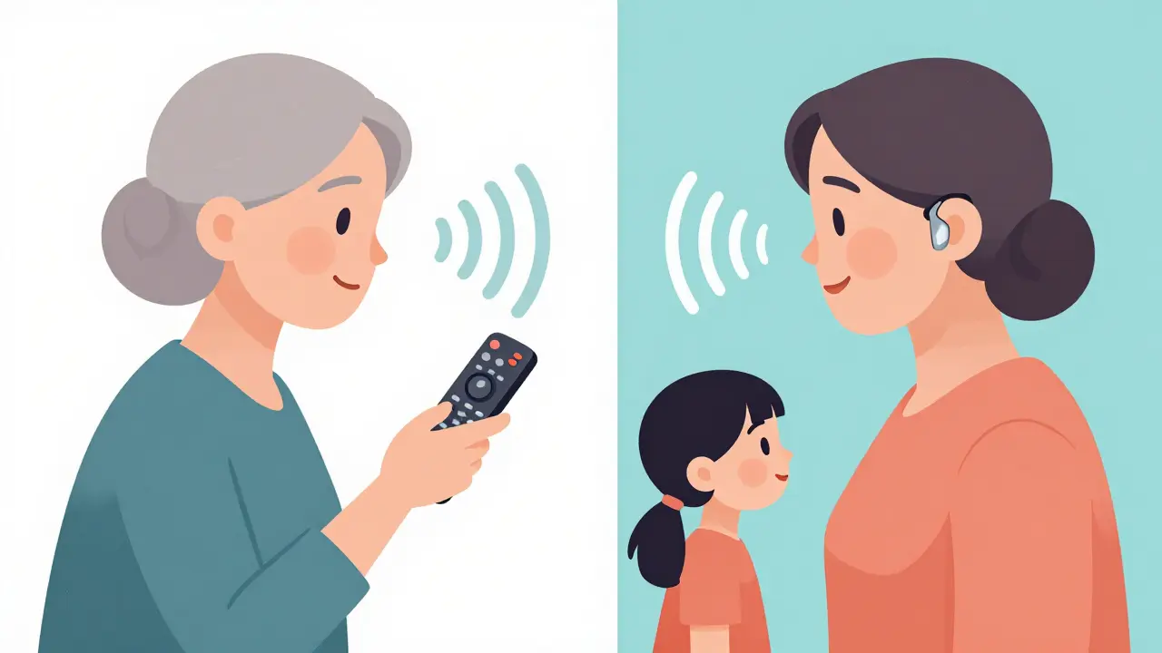 An older woman comparing loud TV volume with clear sound through modern hearing aids.