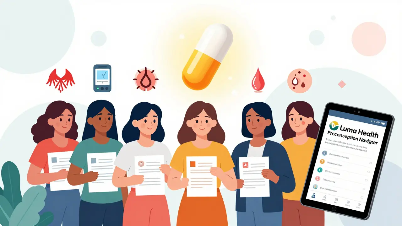 Diverse women with personalized preconception plans, glowing folic acid capsule, and digital navigator interface.