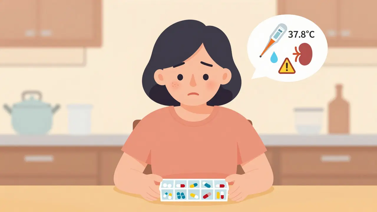 Elderly woman with subtle symptoms floating above her, surrounded by multiple medications.