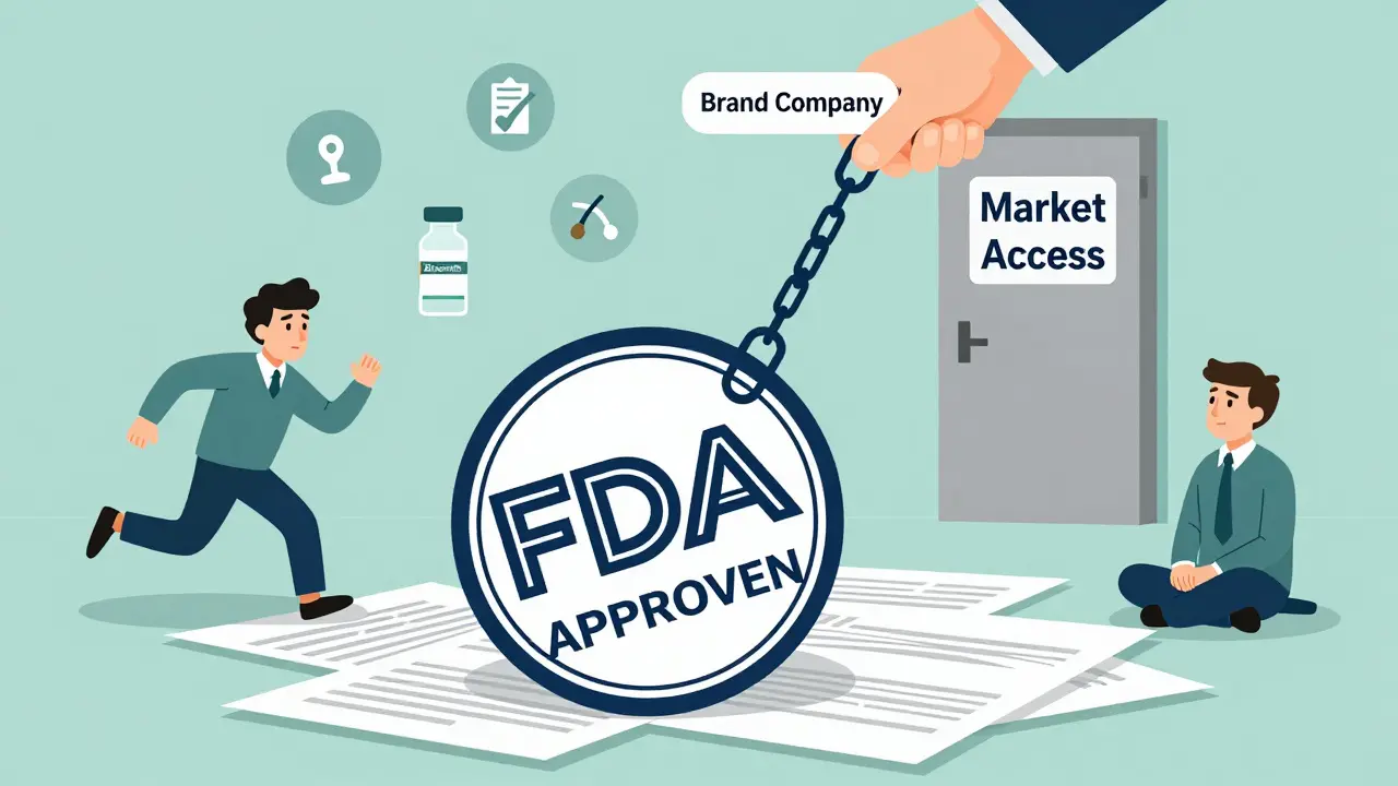 FDA approval stamp falling on applications while a brand-name company blocks market access with a chain.
