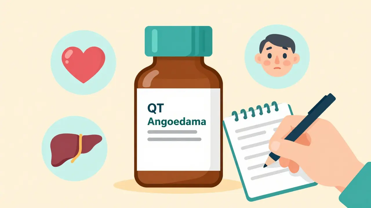 Generic medication bottle with highlighted lot number and floating icons representing rare side effects.