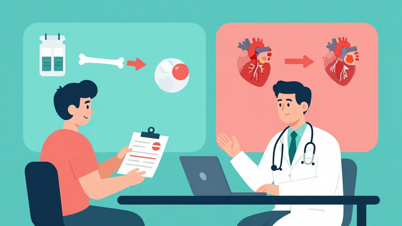 Patient and nephrologist discussing kidney health, with split-screen showing dangerous vs. safe treatment paths.