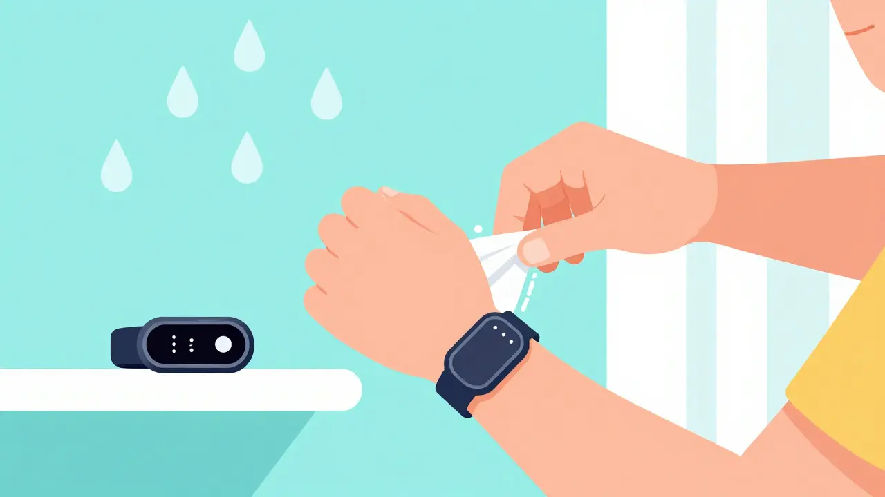 Person removing device before shower, placing on shelf.