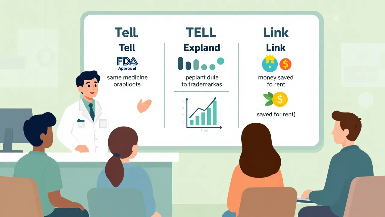 Pharmacist explaining generics to patients using an illustrated chart with TELL framework icons.