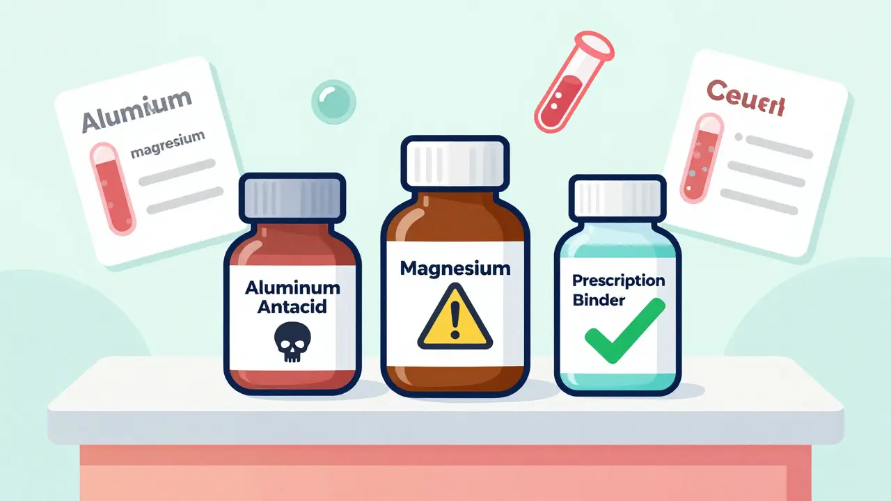 Pharmacy counter with three bottles labeled for aluminum, magnesium, and prescription phosphate binders, with blood test results floating nearby.