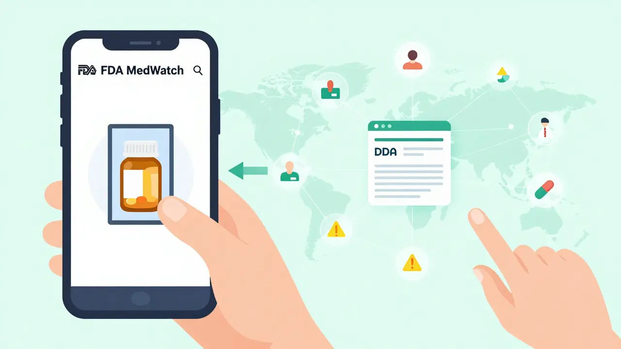 Smartphone showing FDA reporting app as user photos a pill bottle, data flowing to a central dashboard.