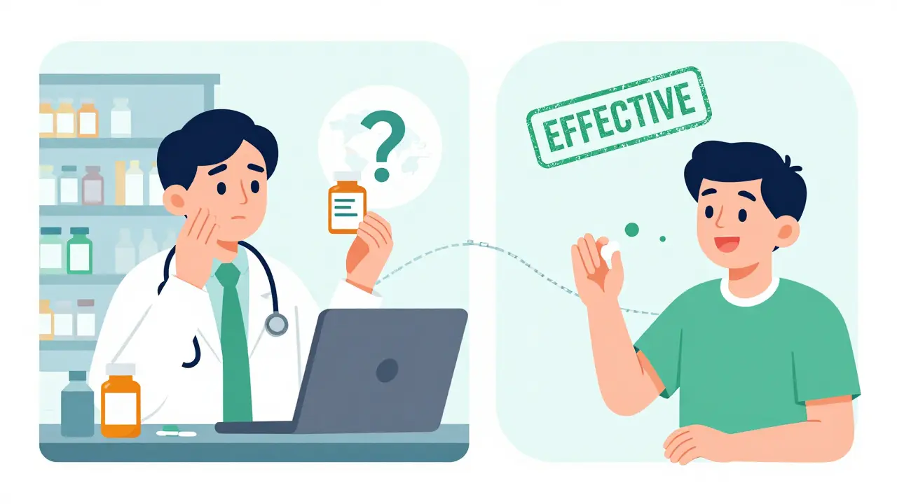 Split image of a U.S. pharmacist hesitating over generics versus a patient confidently using them.