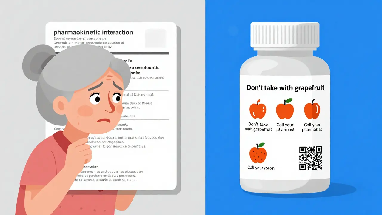 Split image showing confusing medical labels transforming into simple, clear warnings with icons and QR code.