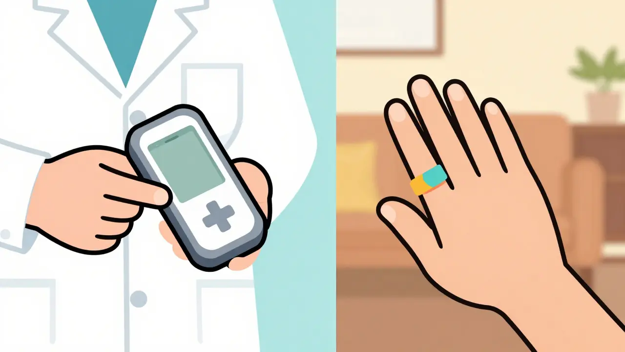 Split-screen clinical and consumer sleep tracking devices in different settings.