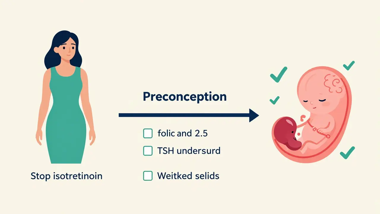 Timeline showing medication adjustments and embryo development during preconception period with health checkmarks.