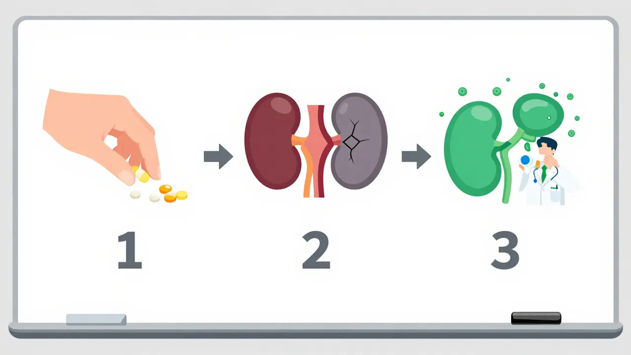 Timeline showing medication use leading to kidney damage and recovery after stopping the drug.