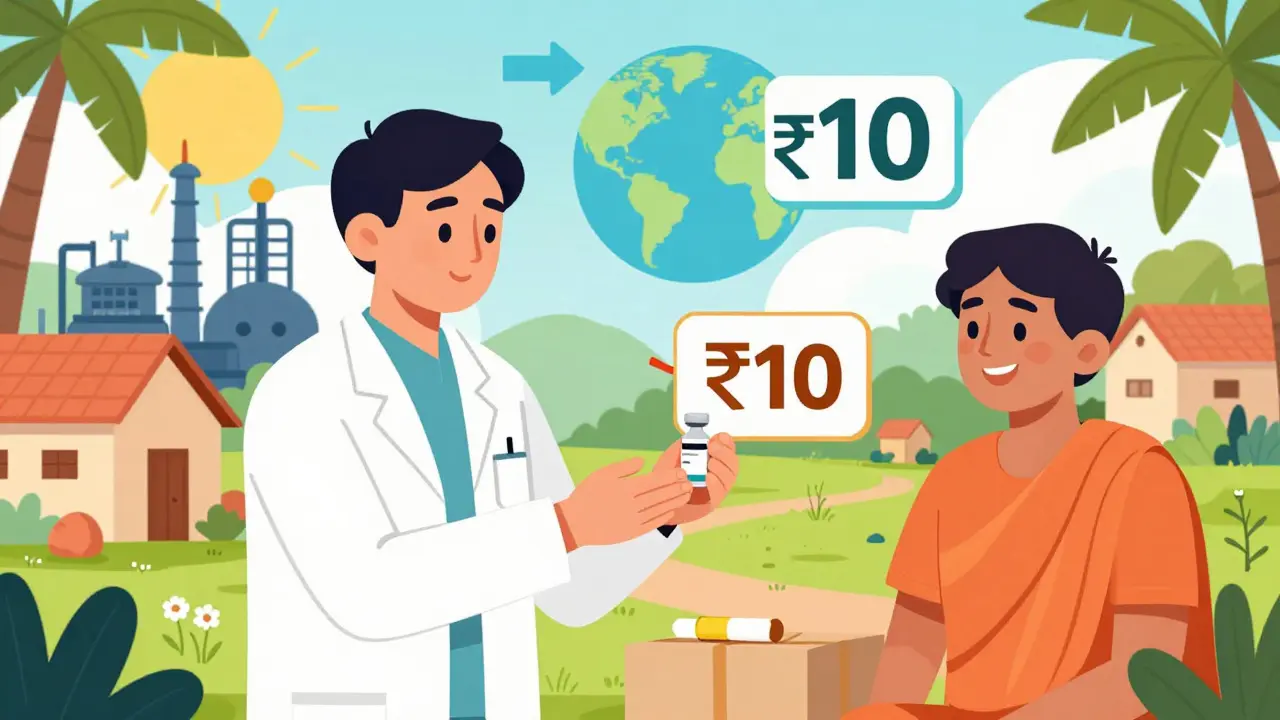 Village clinic in India where a pharmacist gives affordable generic insulin to a patient under sunlight.