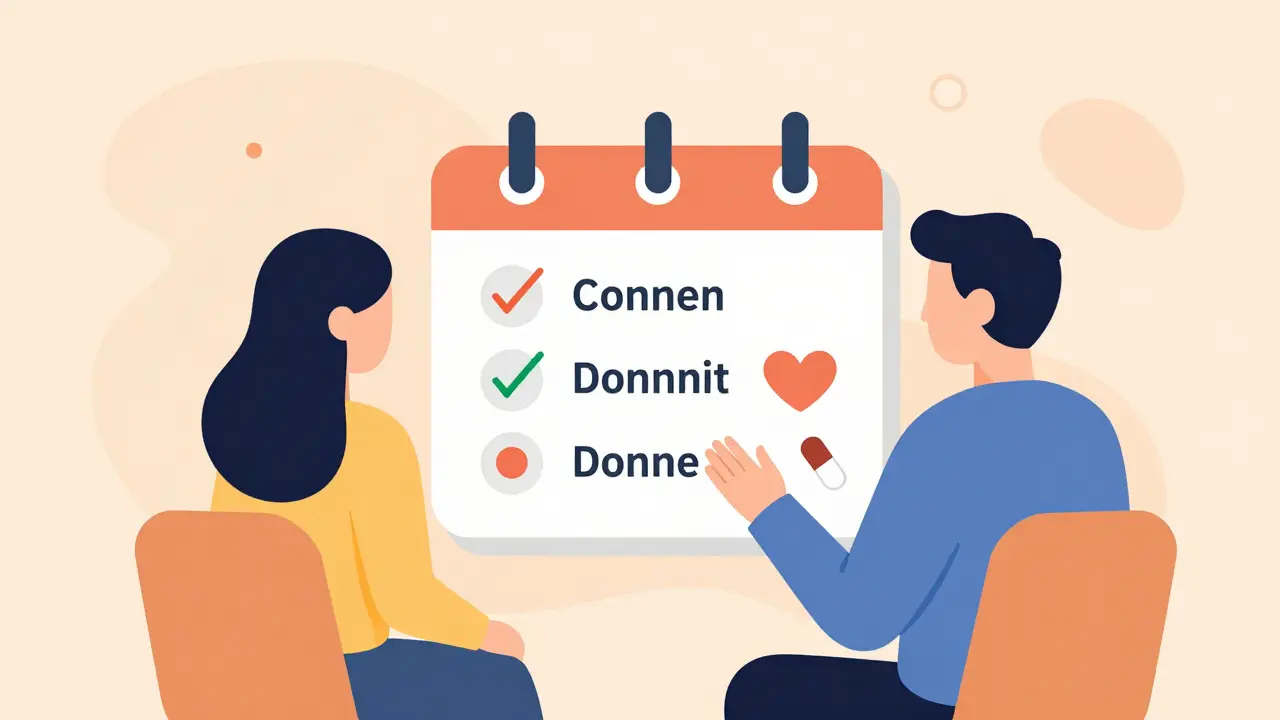 Woman and partner consulting doctor with calendar showing three months before pregnancy