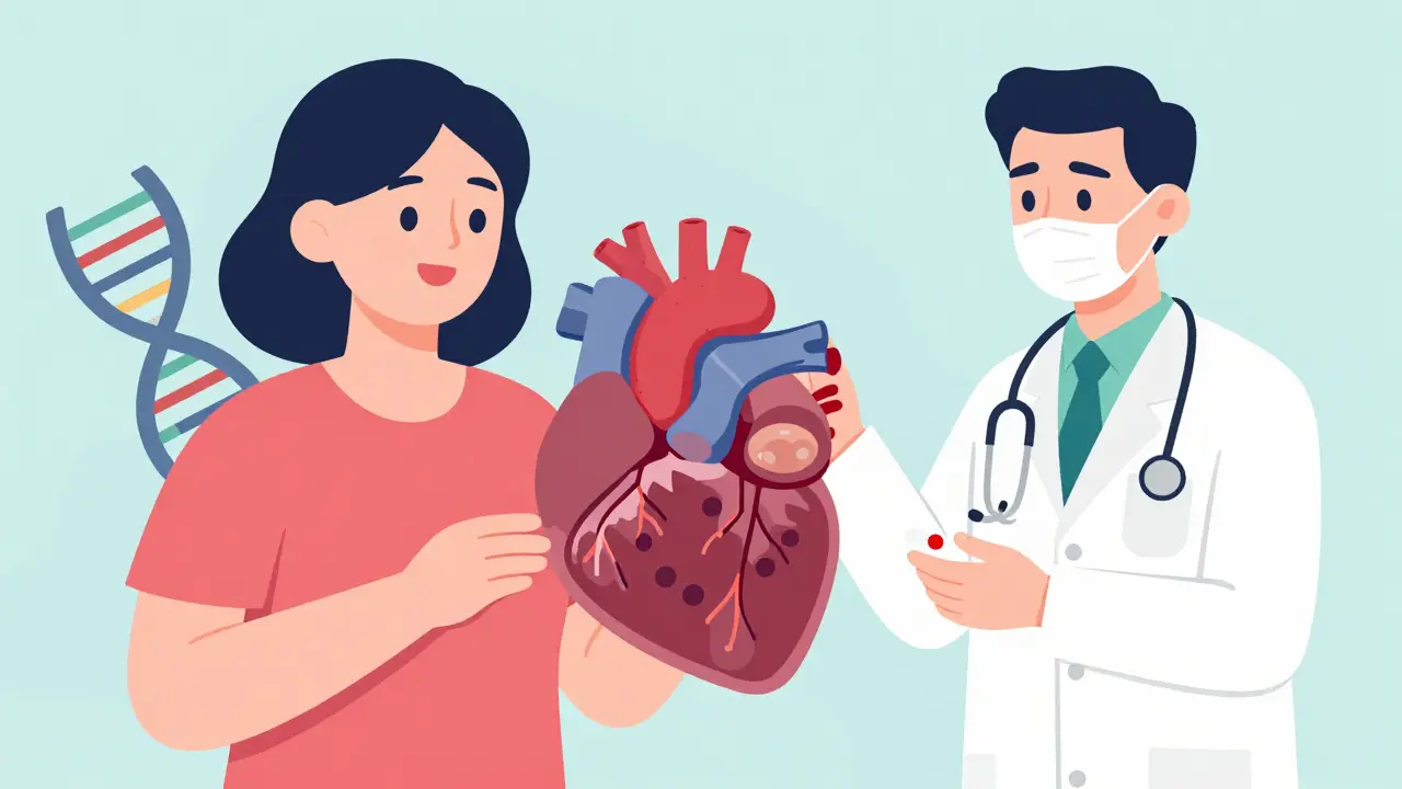 Woman with DNA strand and cholesterol plaque, doctor offering statin pill