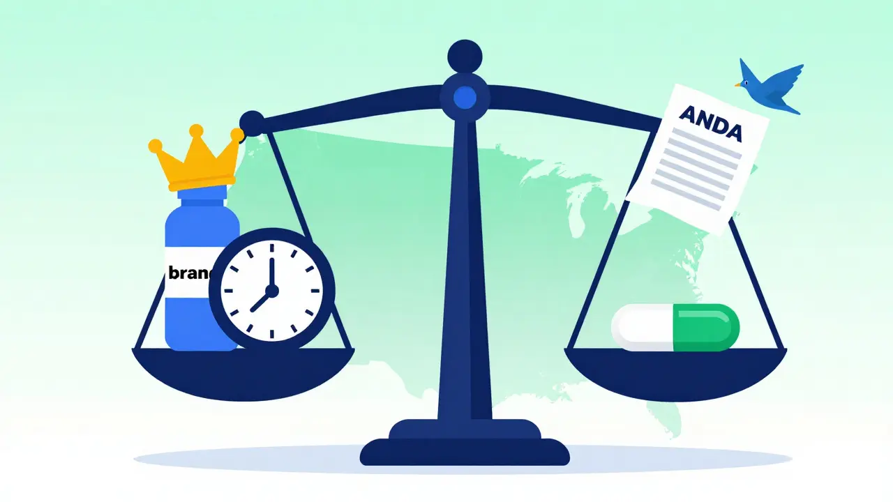 A balanced scale representing the Hatch-Waxman Act, comparing brand-name and generic drug pathways.
