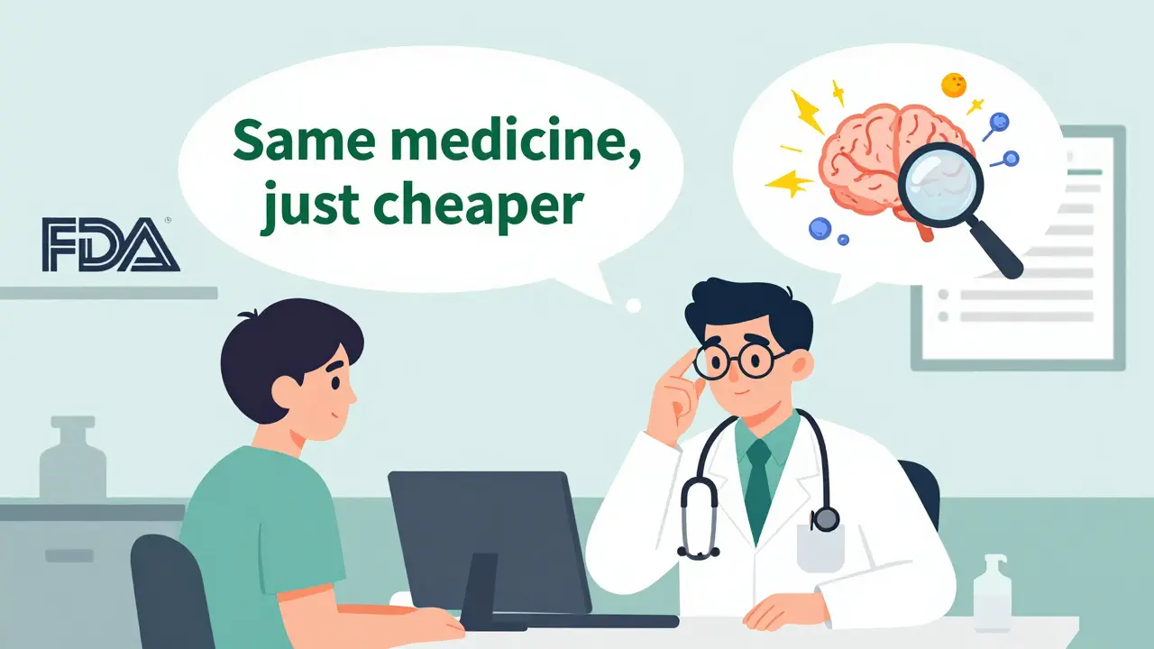 A doctor and patient in a clinic, with a thought bubble showing a brain sending stress signals triggered by the word 'generic'.