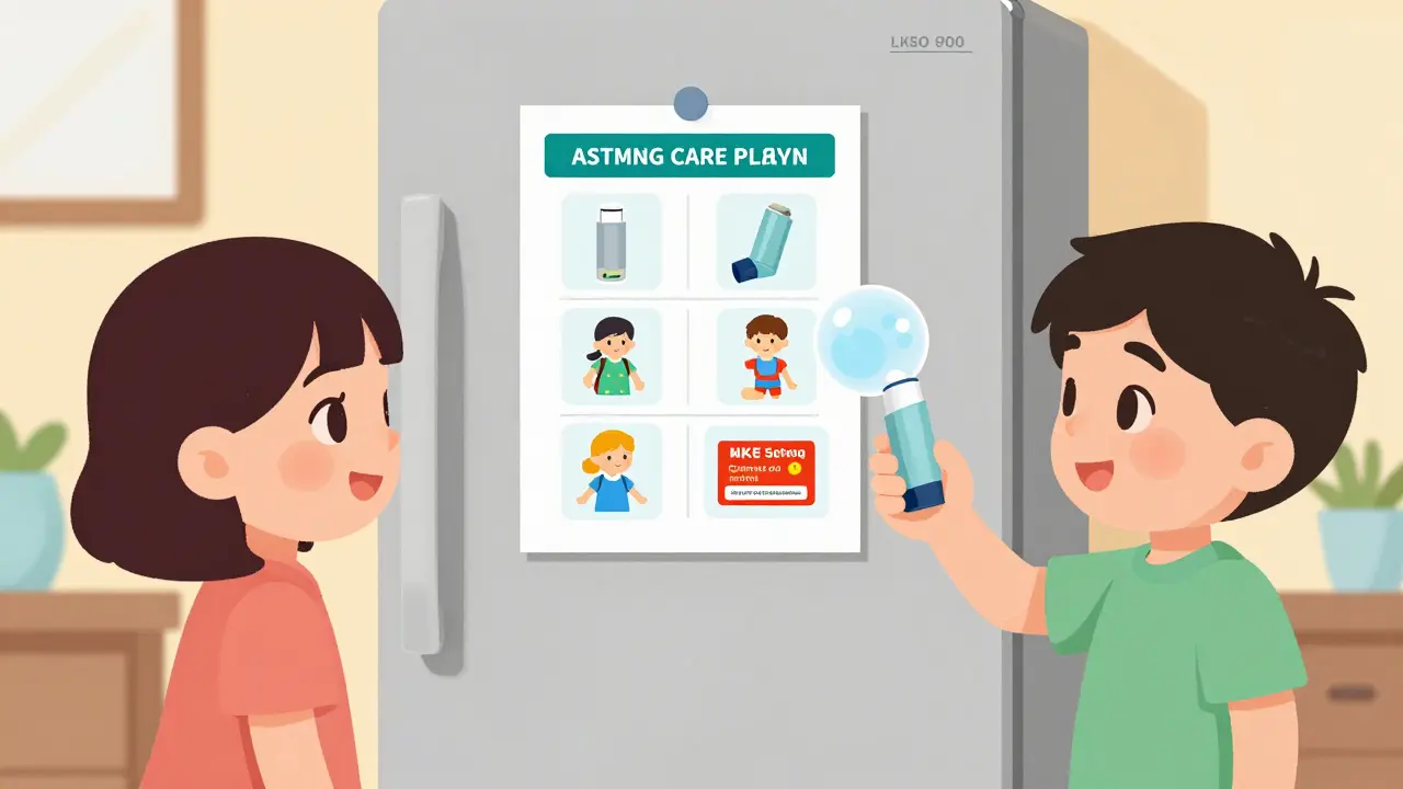 A family’s asthma care plan on the fridge with icons showing spacer use and cleaning.