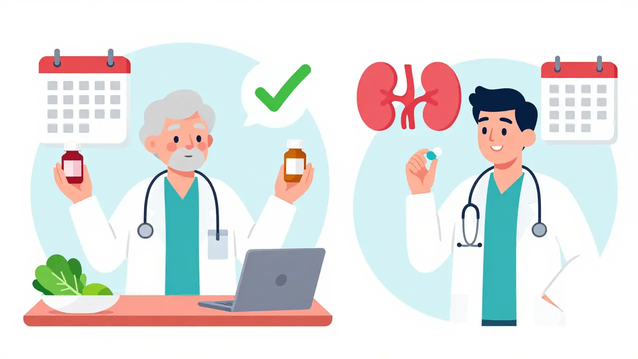 A patient comparing complex warfarin management with simple DOAC use in a doctor's office setting.
