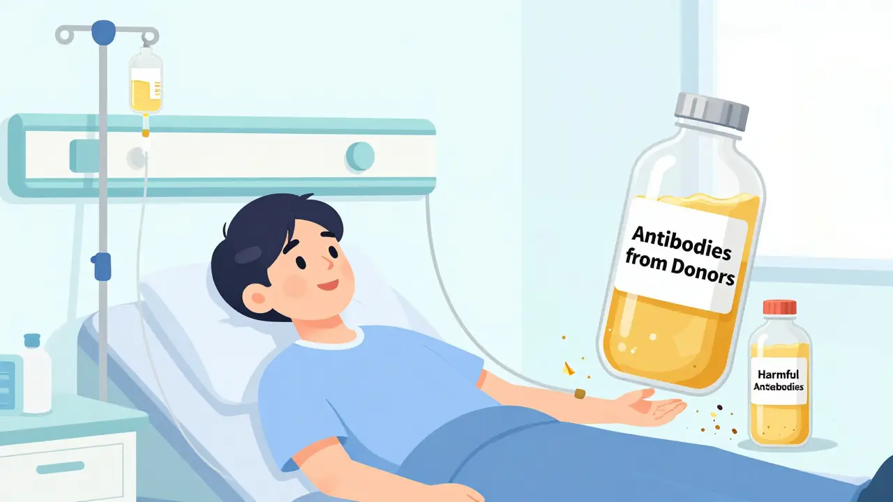 A patient receives IVIG infusion as golden antibodies neutralize harmful ones, shown in clean flat design.