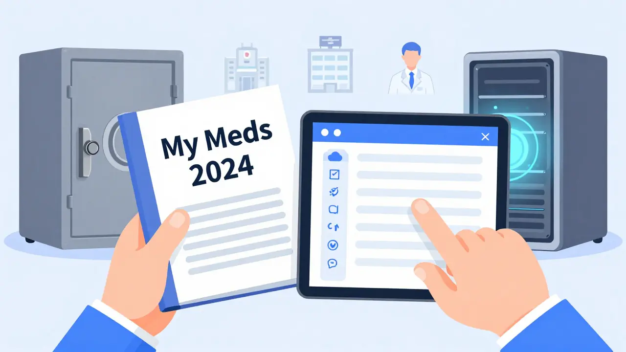 A person holding both a physical binder and a tablet displaying digital medication records in a calm setting.