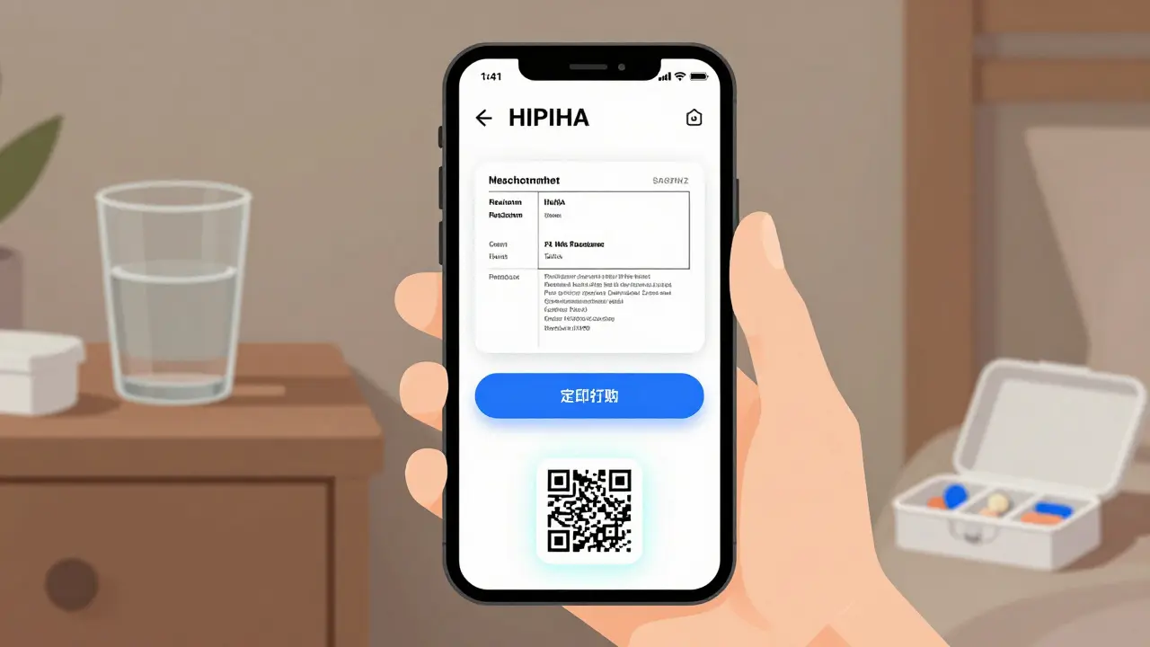 A smartphone screen showing a medication app with a scanned label and refill reminder, beside a pill organizer.