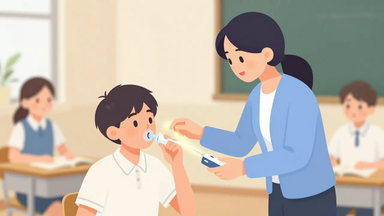 A teenager using a spacer with a mouthpiece at school, with teacher support.