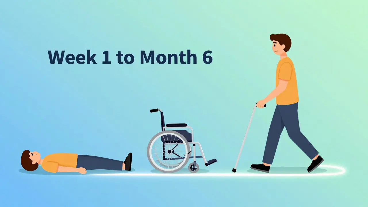 A timeline shows recovery from collapse to walking with a cane, symbolizing progress over months.