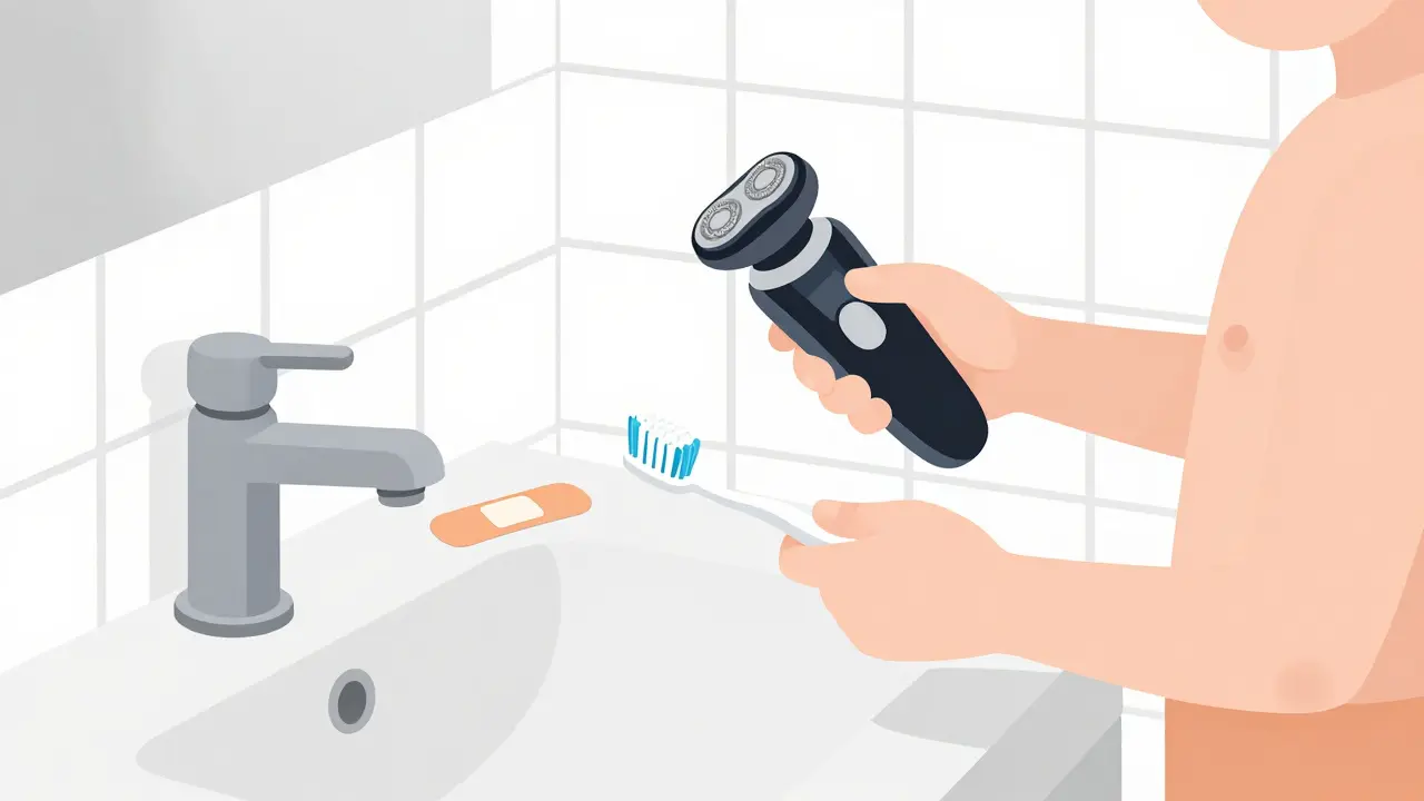 Bathroom scene with electric razor and soft toothbrush indicating safety precautions for patients