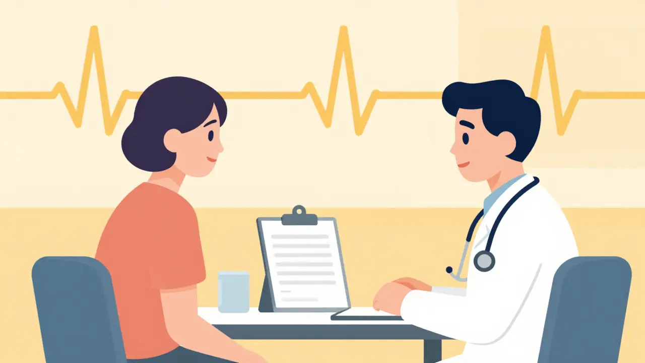 Cardiologist and patient having a discussion in a clinic with abstract heart rhythm lines