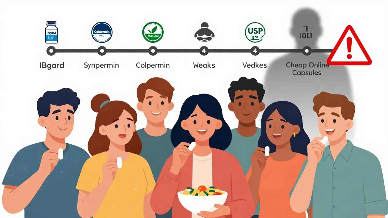 Diverse people taking peppermint oil before meals with a timeline showing symptom improvement over four weeks and trusted brand logos.