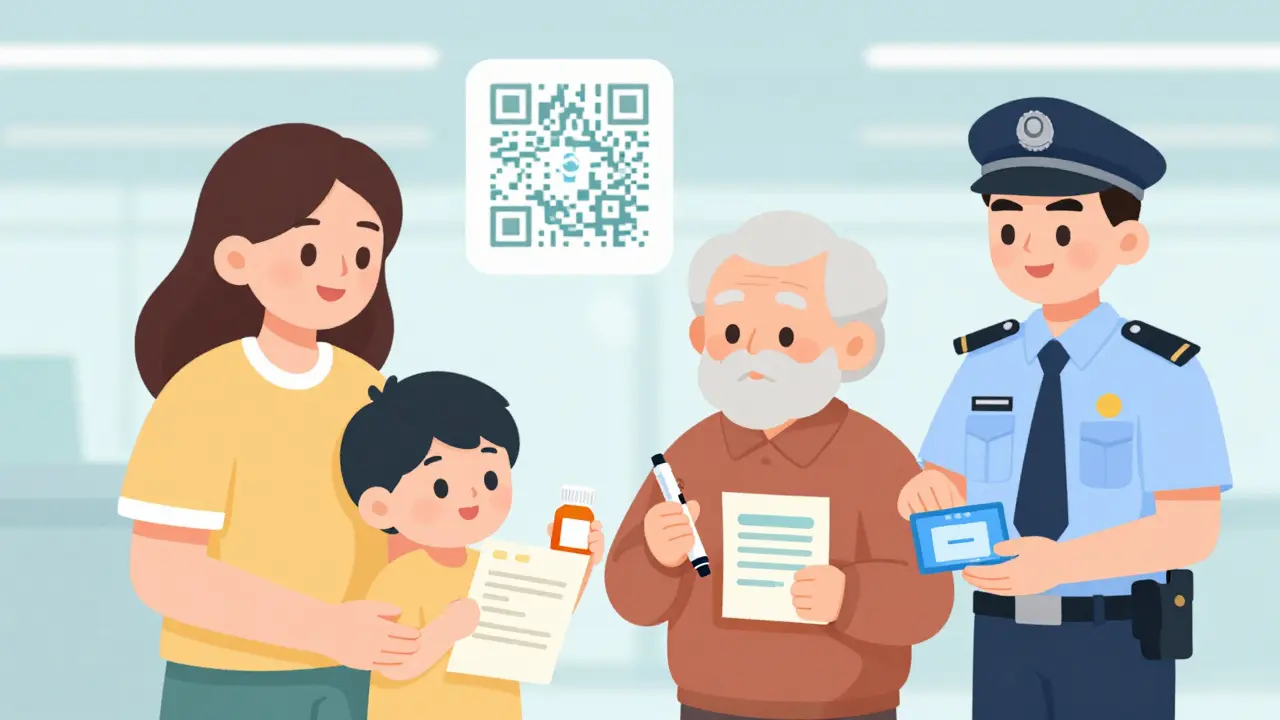 Family at airport presenting prescriptions and insulin to customs officer, with doctor’s letter and cold pack visible.