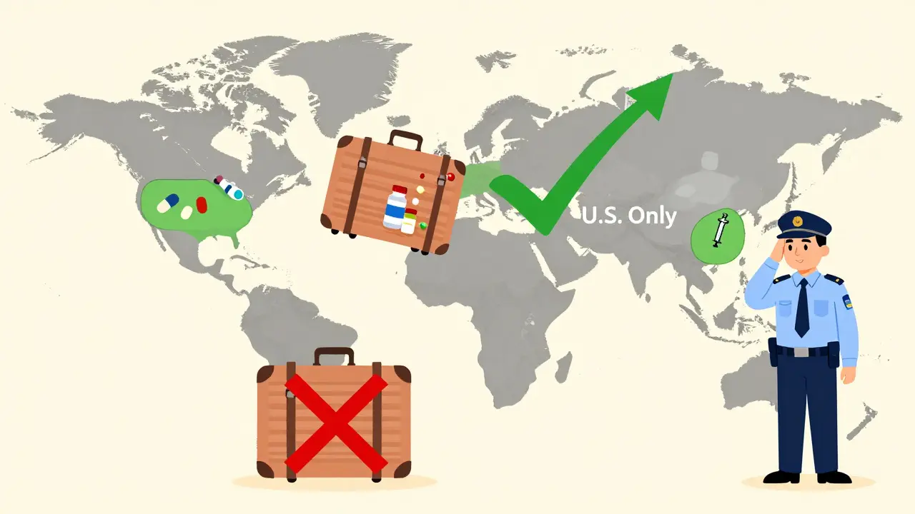 Global map showing safe travel zone for medication in original bottles versus banned countries with red X marks.