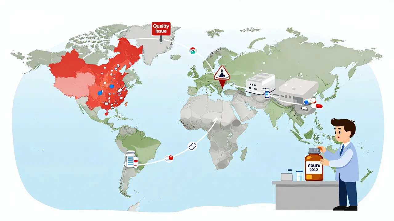 Global supply chain of generic drugs with a quality issue causing drug shortages across the U.S.