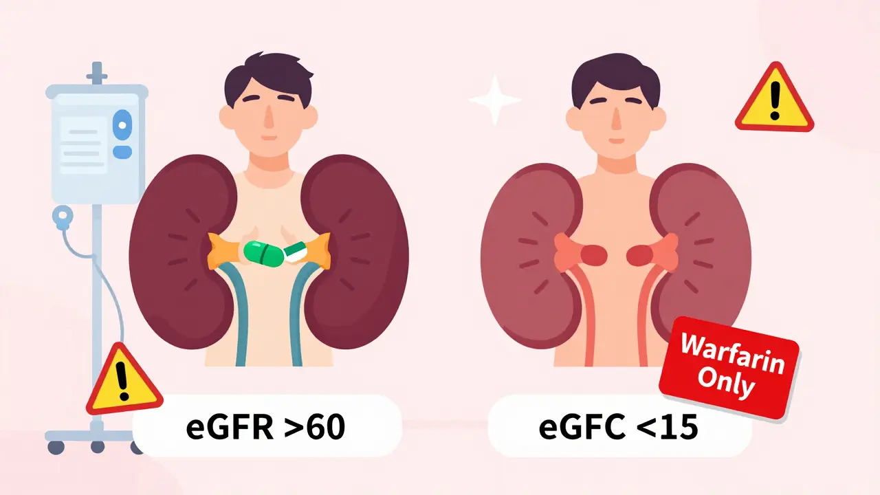 Kidney function comparison showing DOACs safe for healthy kidneys but not for failing ones, with warfarin as the only option.